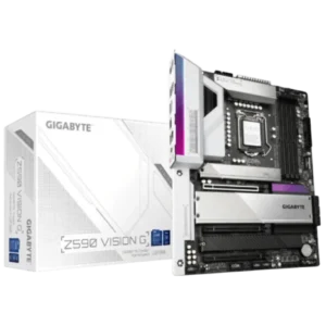 Angle view of a Gigabyte motherboard installed in a PC, with Gigabyte-branded product boxes in the background
