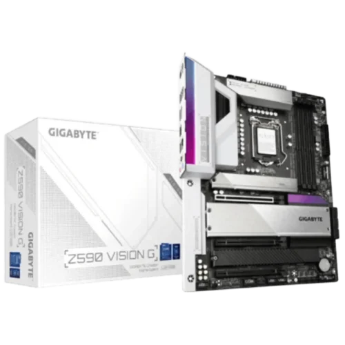 Angle view of a Gigabyte motherboard installed in a PC, with Gigabyte-branded product boxes in the background