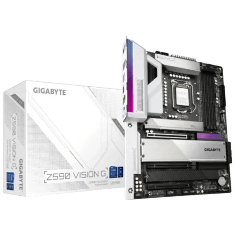 Angle view of a Gigabyte motherboard installed in a PC, with Gigabyte-branded product boxes in the background
