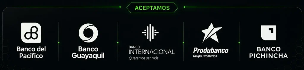 Banner con logos de bancos aceptados para pago: Banco del Pacífico, Banco Guayaquil, Banco Internacional, Produbanco y Banco Pichincha.