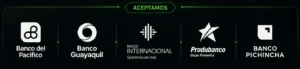 Banner con logos de bancos aceptados para pago: Banco del Pacífico, Banco Guayaquil, Banco Internacional, Produbanco y Banco Pichincha.