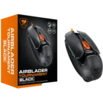 Orange Cougar product box beside a dark gaming mouse, highlighting a high-performance airblade gaming mouse tournament package.