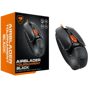 Orange Cougar product box beside a dark gaming mouse, highlighting a high-performance airblade gaming mouse tournament package.