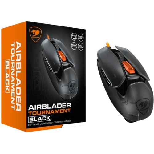 Orange Cougar product box beside a dark gaming mouse, highlighting a high-performance airblade gaming mouse tournament package.