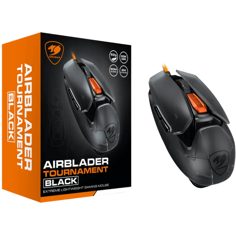 Orange Cougar product box beside a dark gaming mouse, highlighting a high-performance airblade gaming mouse tournament package.