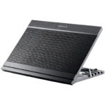 Close-up of a black aluminum computer heatsink with many parallel fins and a DeepCool branding visible on the top edge