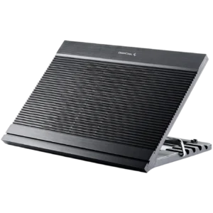 Close-up of a black aluminum computer heatsink with many parallel fins and a DeepCool branding visible on the top edge