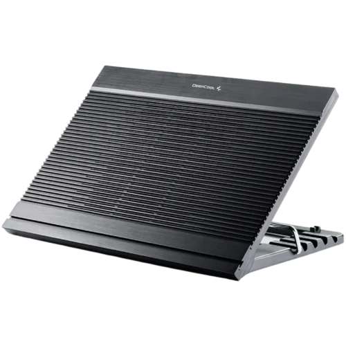 Close-up of a black aluminum computer heatsink with many parallel fins and a DeepCool branding visible on the top edge