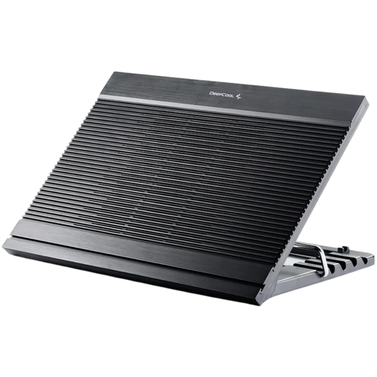 Close-up of a black aluminum computer heatsink with many parallel fins and a DeepCool branding visible on the top edge