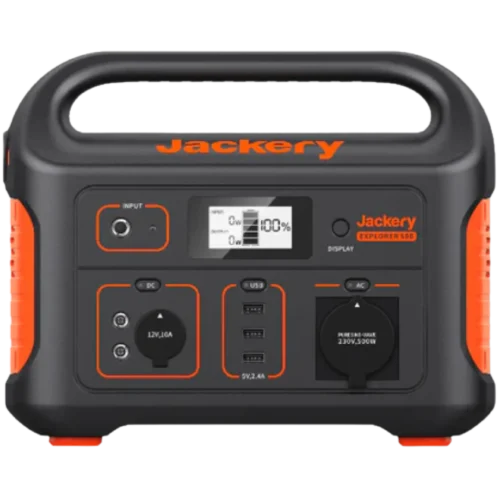 Close-up of a Jackery portable power station front panel with outlets and a digital display under a black casing and orange accents.