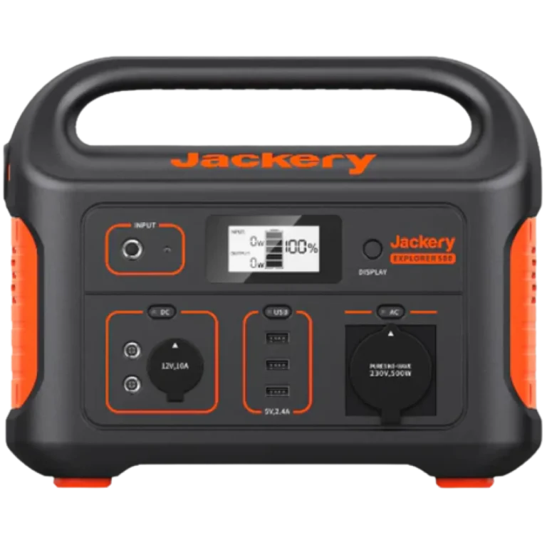 Close-up of a Jackery portable power station front panel with outlets and a digital display under a black casing and orange accents.