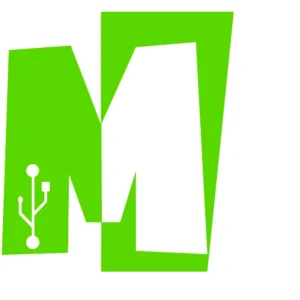 Lime green abstract logo with angular shapes; a small white circuit icon sits on the left.
