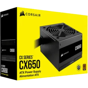 Corsair CX650 ATX power supply on a bright yellow packaging background (box visible)