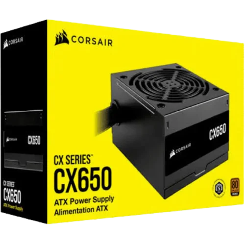 Corsair CX650 ATX power supply on a bright yellow packaging background (box visible)