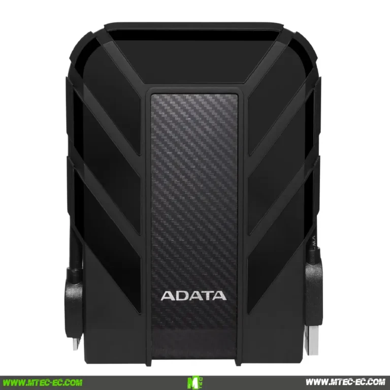 Black rugged external hard drive with a carbon-textured center panel and the ADATA logo, featuring angular, armored design elements.