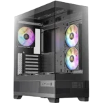 Tall black computer tower with a transparent side panel showing two RGB-lit cooling fans and internal components