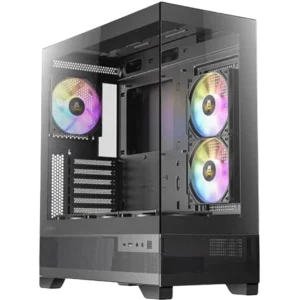 Tall black computer tower with a transparent side panel showing two RGB-lit cooling fans and internal components