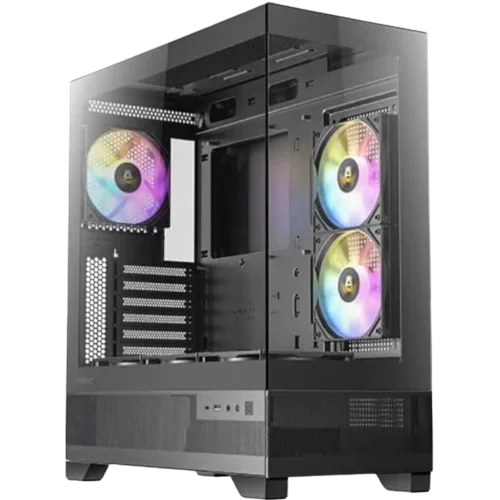 Tall black computer tower with a transparent side panel showing two RGB-lit cooling fans and internal components