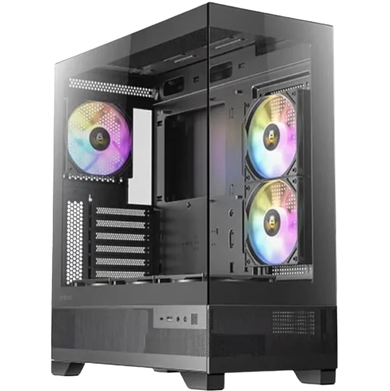 Tall black computer tower with a transparent side panel showing two RGB-lit cooling fans and internal components