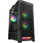 Tall black gaming PC case with tempered glass side panel and rainbow RGB fans visible inside