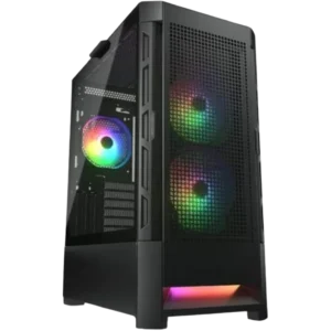Tall black gaming PC case with tempered glass side panel and rainbow RGB fans visible inside