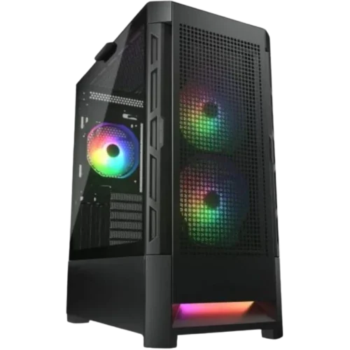 Tall black gaming PC case with tempered glass side panel and rainbow RGB fans visible inside