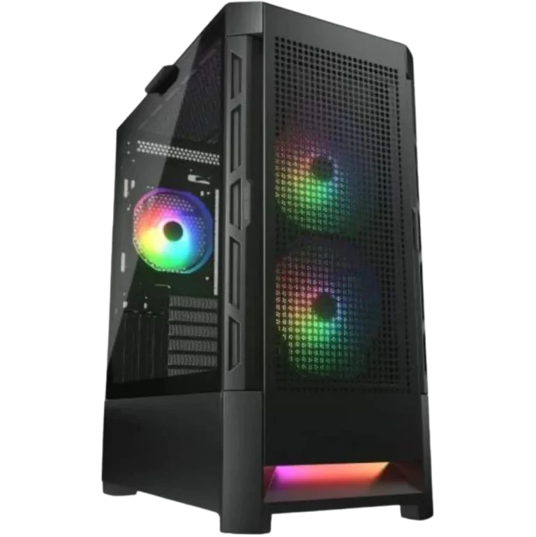 Tall black gaming PC case with tempered glass side panel and rainbow RGB fans visible inside