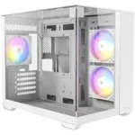 Two white/gray open computer towers shown from the side, with colorful RGB fans visible inside the bays.