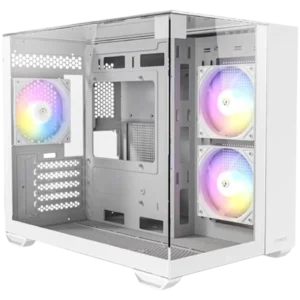 Two white/gray open computer towers shown from the side, with colorful RGB fans visible inside the bays.