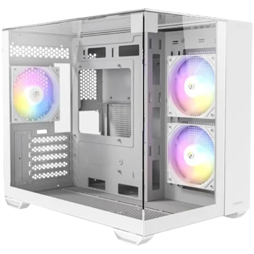 Two white/gray open computer towers shown from the side, with colorful RGB fans visible inside the bays.