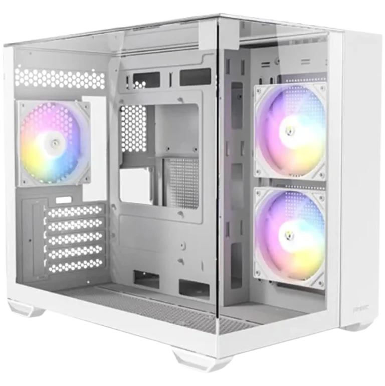 Two white/gray open computer towers shown from the side, with colorful RGB fans visible inside the bays.