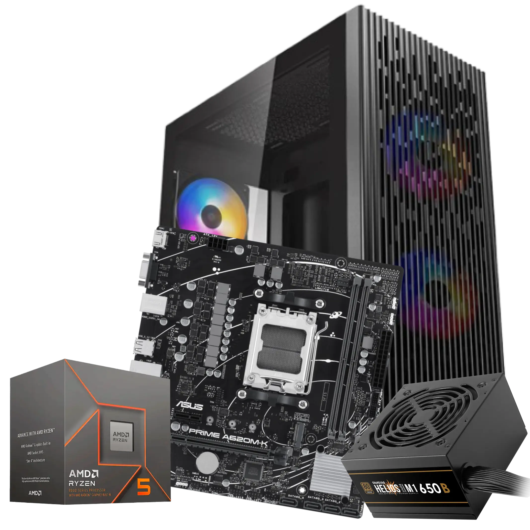 Mtec Pc Elemental II AMD R5 8500G 16GB 512gb 2 | MTEC Collage of PC components including an AMD Ryzen 5 box, motherboard, GPU, and cooling fan.