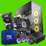 Multiple PC parts scattered: GPU, motherboard, power supply, case fans, and an Intel Core processor box.