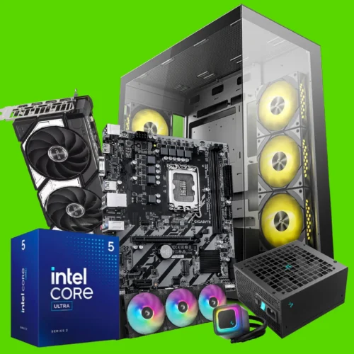 Multiple PC parts scattered: GPU, motherboard, power supply, case fans, and an Intel Core processor box.
