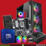Collection of PC components on a red background: motherboard, graphics card, Intel Core box, RAM, RGB case fans, CPU cooler, and power supply