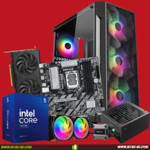 Mtec PC Flexi Lite Core Ultra 5 500GB 16GB RTX 5050 3 | MTEC Collection of PC components on a red background: motherboard, graphics card, Intel Core box, RAM, RGB case fans, CPU cooler, and power supply