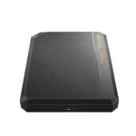 Rugged black external hard drive with diagonal ridges and gold branding on the side, USB-C port visible at the bottom edge.