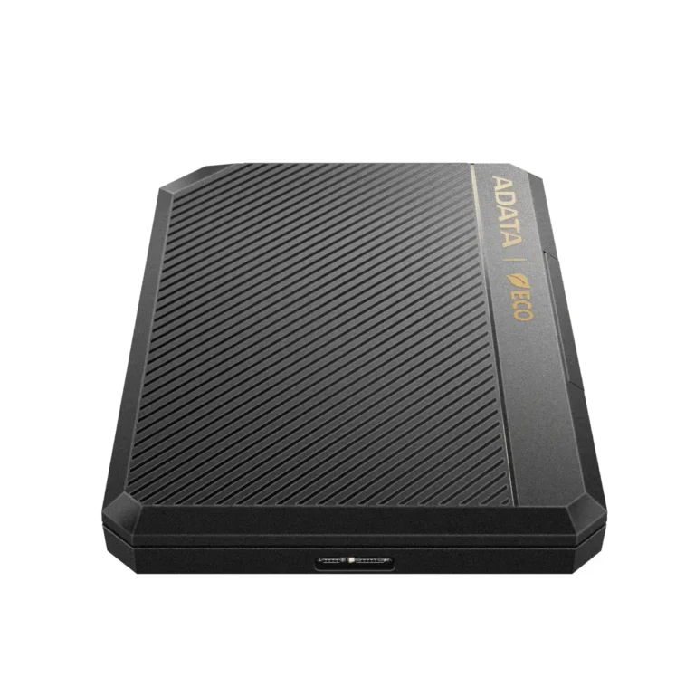 Rugged black external hard drive with diagonal ridges and gold branding on the side, USB-C port visible at the bottom edge.