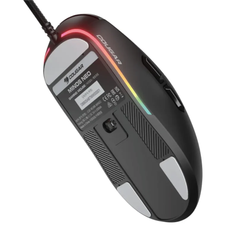Wired gaming mouse with RGB light strip and textured grip, Cougar Minos Neo model image shown from top-right angle
