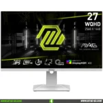 27-inch MSI gaming monitor on a white stand displaying a neon green MAG logo and specs like 27 WQHD 2560x1440 with rapid IPS and DisplayHDR 400 icons in a dark futuristic backdrop