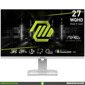 MSI MAG 274QRFW 27 WQHD 2K 180Hz White1 | MTEC 27-inch MSI gaming monitor on a white stand displaying a neon green MAG logo and specs like 27 WQHD 2560x1440 with rapid IPS and DisplayHDR 400 icons in a dark futuristic backdrop