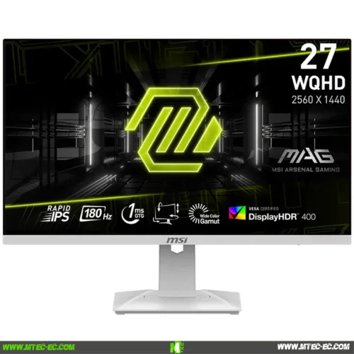 27-inch MSI gaming monitor on a white stand displaying a neon green MAG logo and specs like 27 WQHD 2560x1440 with rapid IPS and DisplayHDR 400 icons in a dark futuristic backdrop