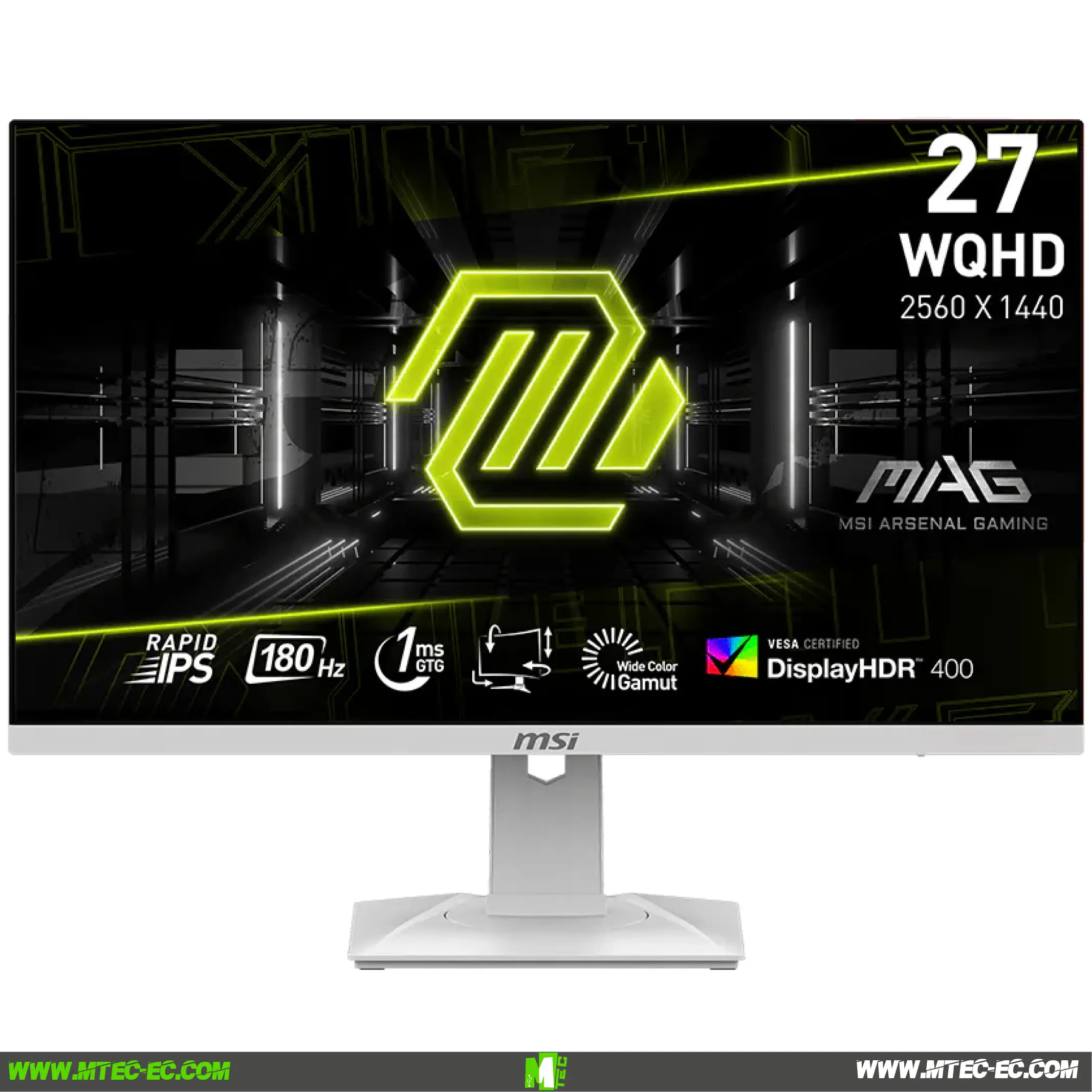MSI MAG 274QRFW 27 WQHD 2K 180Hz White1 | MTEC 27-inch MSI gaming monitor on a white stand displaying a neon green MAG logo and specs like 27 WQHD 2560x1440 with rapid IPS and DisplayHDR 400 icons in a dark futuristic backdrop
