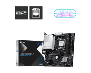 MSI Pro H810M-B motherboard with its box on a black background; badges above show Lightning Gen5, 2.5G Ethernet, and Ready for AIPC.
