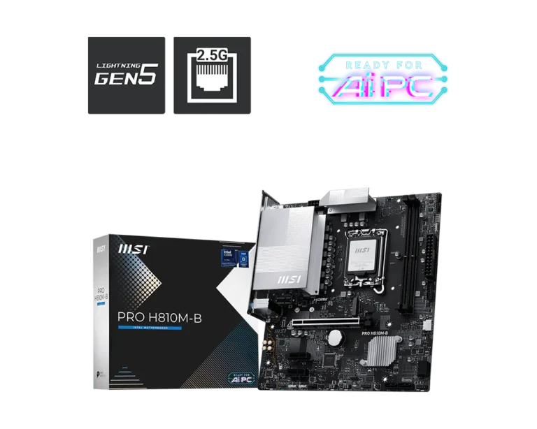 Mtec-Msi-pro-h810m-b-motherboard-intel-lga1851-1 | MTEC MSI Pro H810M-B motherboard with its box on a black background; badges above show Lightning Gen5, 2.5G Ethernet, and Ready for AIPC.