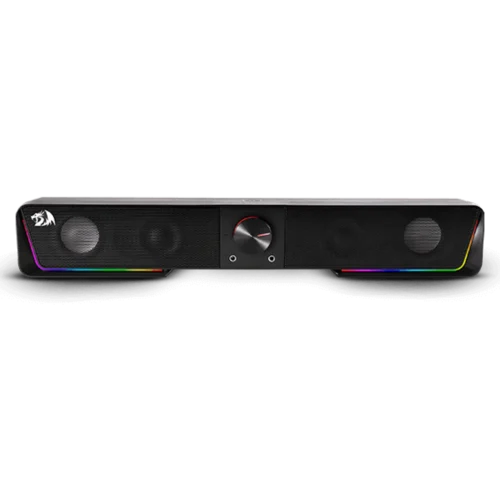 Black soundbar with fabric grille, RGB light strip along the bottom, and a central circular control dial with a left logo image.