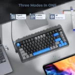 Infographic showing a keyboard with three connectivity modes: Type-C plug-and-play, 2.4GHz driver-free, and Bluetooth steady flow.