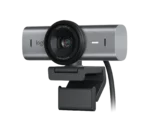 Logi ultra-wide 4K webcam mounted on a gray adjustable stand or bracket for desk use