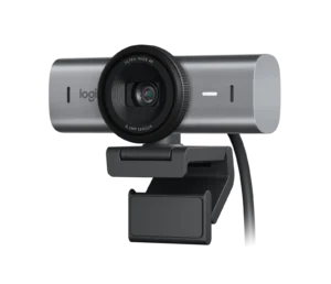 Logi ultra-wide 4K webcam mounted on a gray adjustable stand or bracket for desk use
