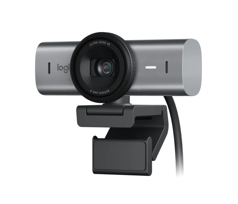Logi ultra-wide 4K webcam mounted on a gray adjustable stand or bracket for desk use